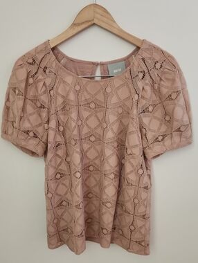 Anthropologie Maeve Sylvia Eyelet Lace Short Sleeve Top Medium Beige Pink